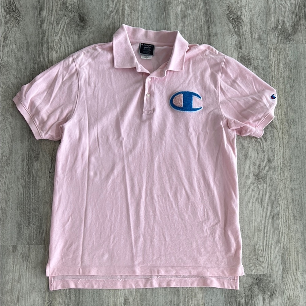Champion Pink Polo Shirt with Blue Logo (fits large)